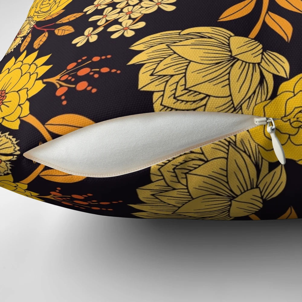 Botanical dark floral pattern throw pillow in navy, yellow, and orange colors