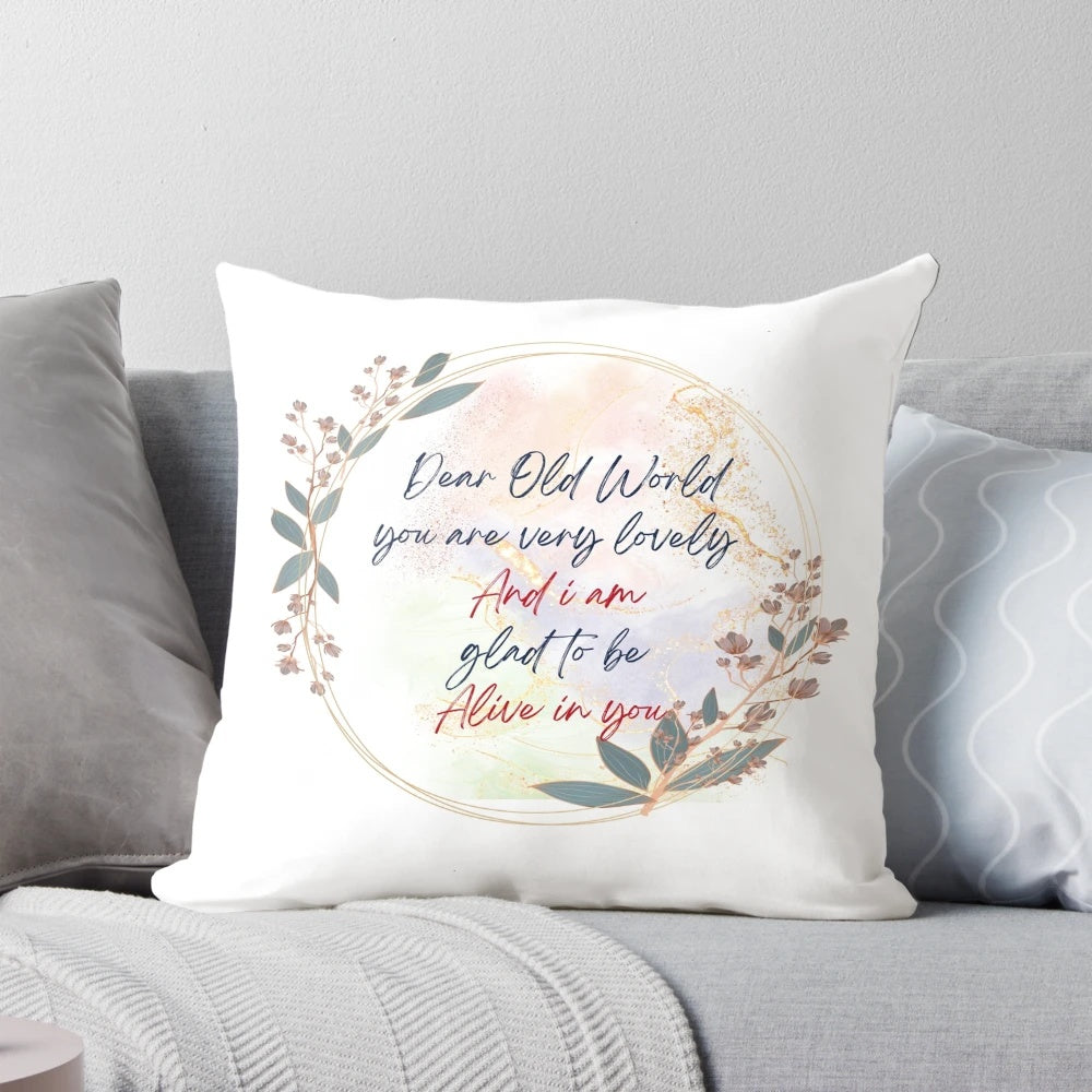 A beautiful floral throw pillow featuring a handlettered literary quote from the classic novel "Anne of Green Gables" by L.M. Montgomery.