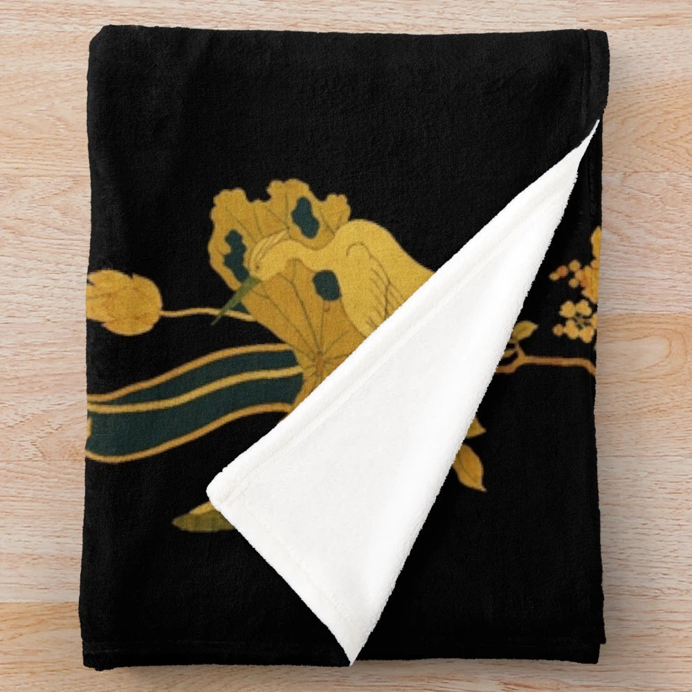 Plush blanket with digital illustration of a dragon, egret, lotus flowers, and green gold floral patterns