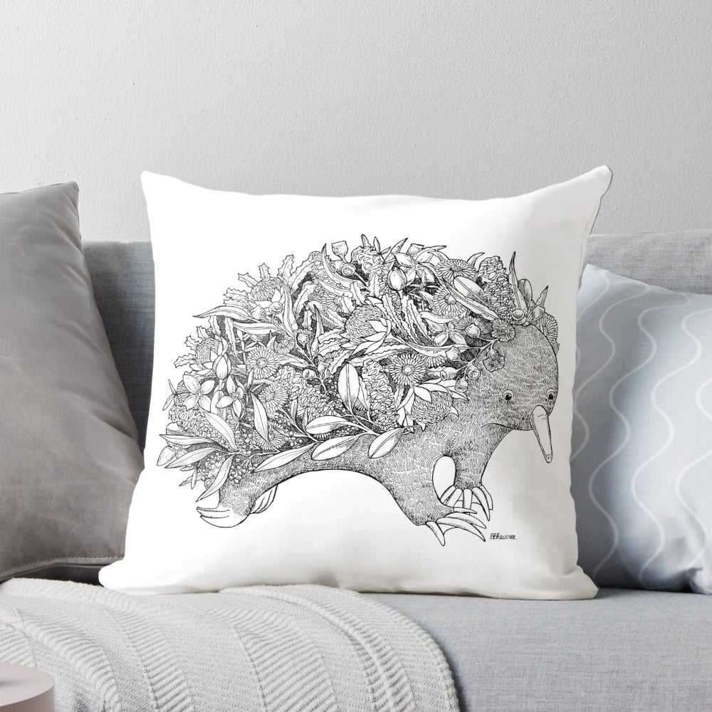 Decorative botanical pillow featuring a striking echidna design, inspired by Australian wildlife