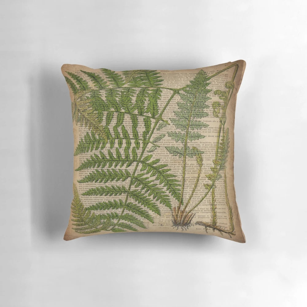 Vintage botanical print with fern leaves on a throw pillow