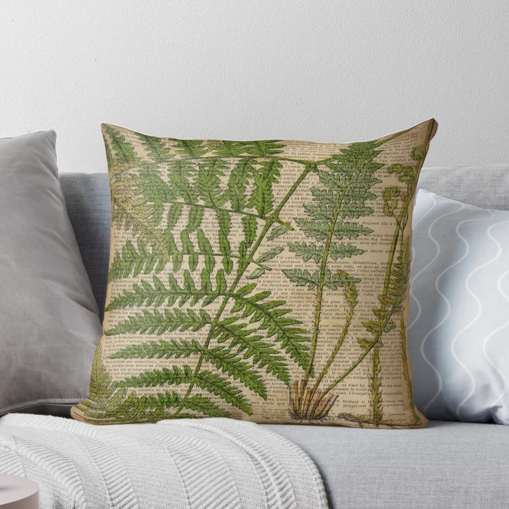 Vintage botanical print with fern leaves on a throw pillow
