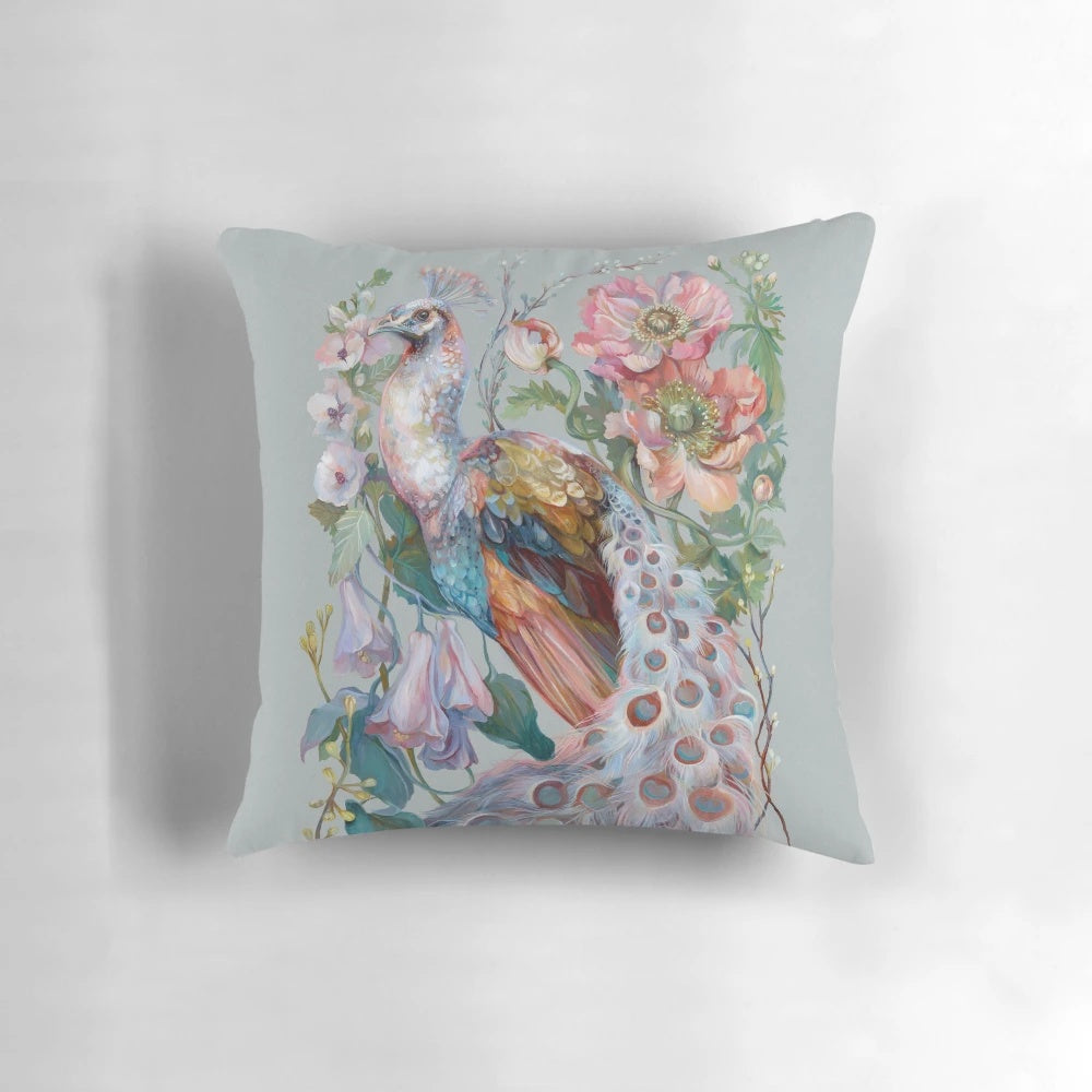 Vibrant floral peacock pattern on a soft, decorative throw pillow for the home.
