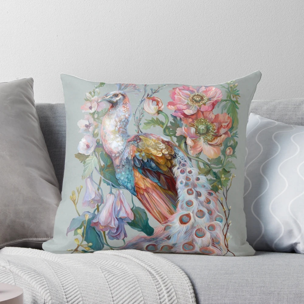 Vibrant floral peacock pattern on a soft, decorative throw pillow for the home.
