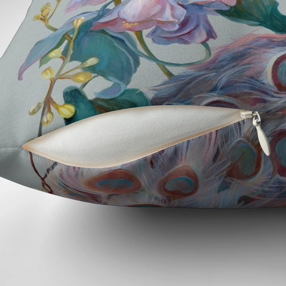 Vibrant floral peacock pattern on a soft, decorative throw pillow for the home.