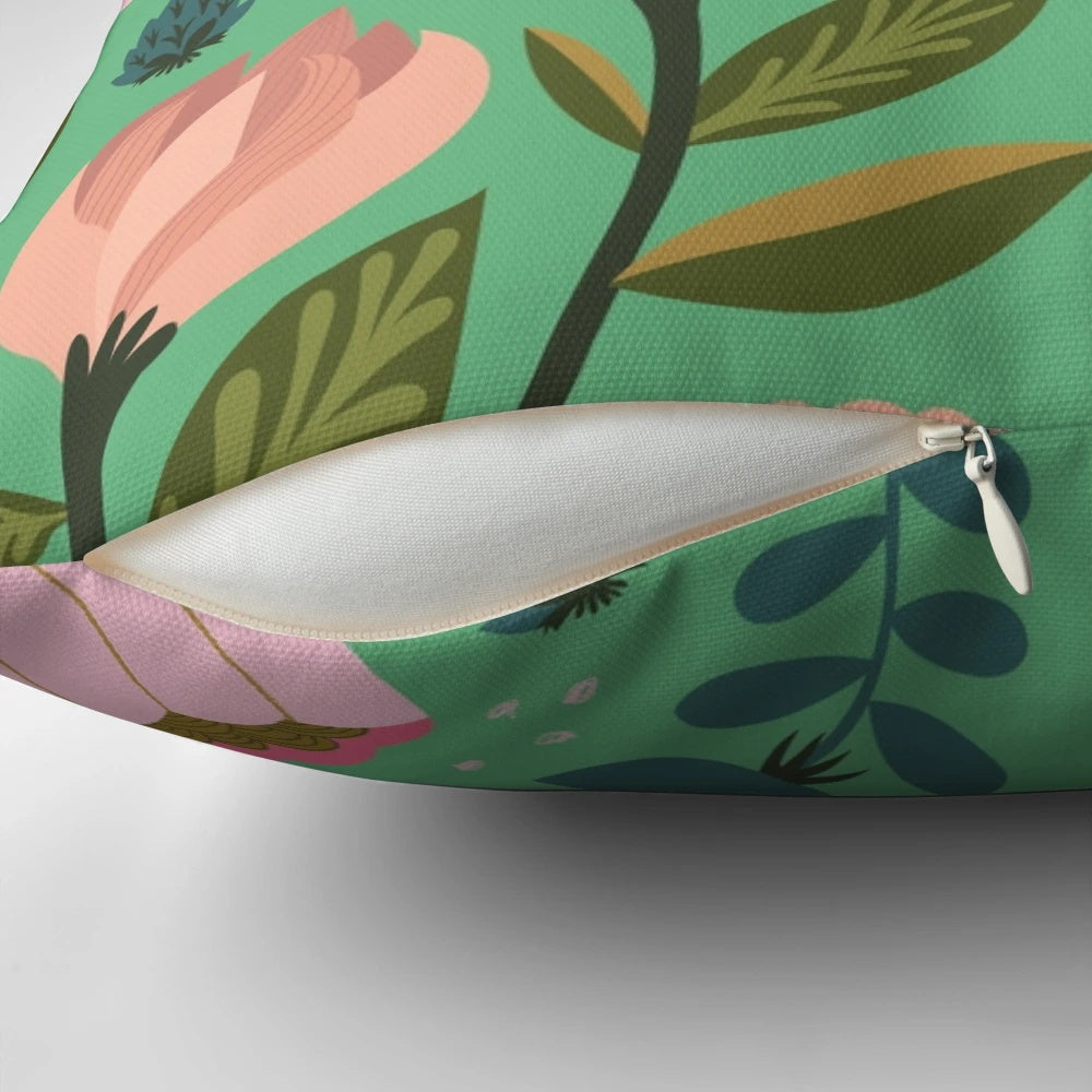 Vibrant, floral-patterned decorative pillow with botanical design