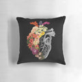 Vintage black and white floral heart design pillow featuring peonies, roses, violets, and dandelions
