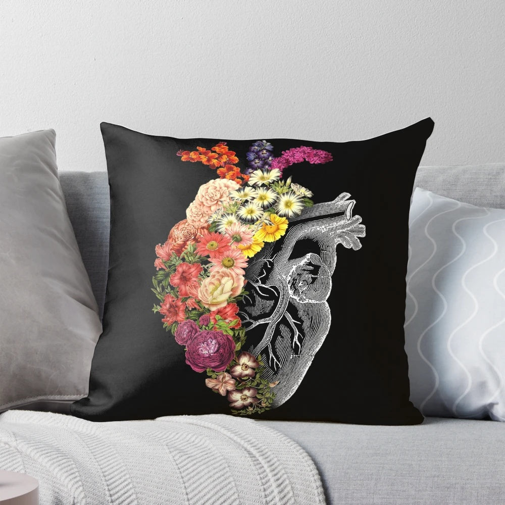 Vintage black and white floral heart design pillow featuring peonies, roses, violets, and dandelions