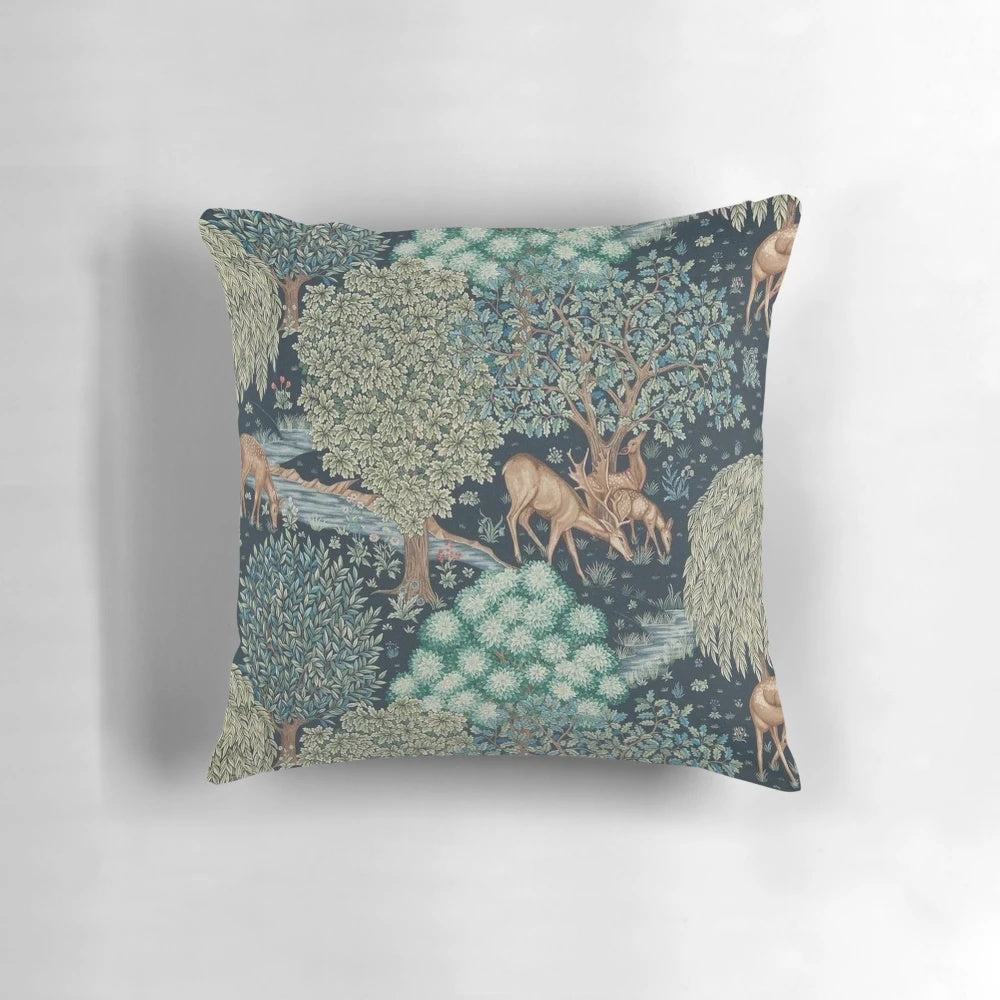 Forest deer motif pillow inspired by the artwork of William Morris