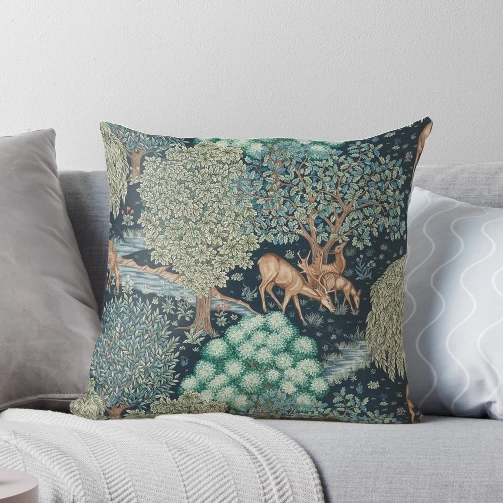 Forest deer motif pillow inspired by the artwork of William Morris