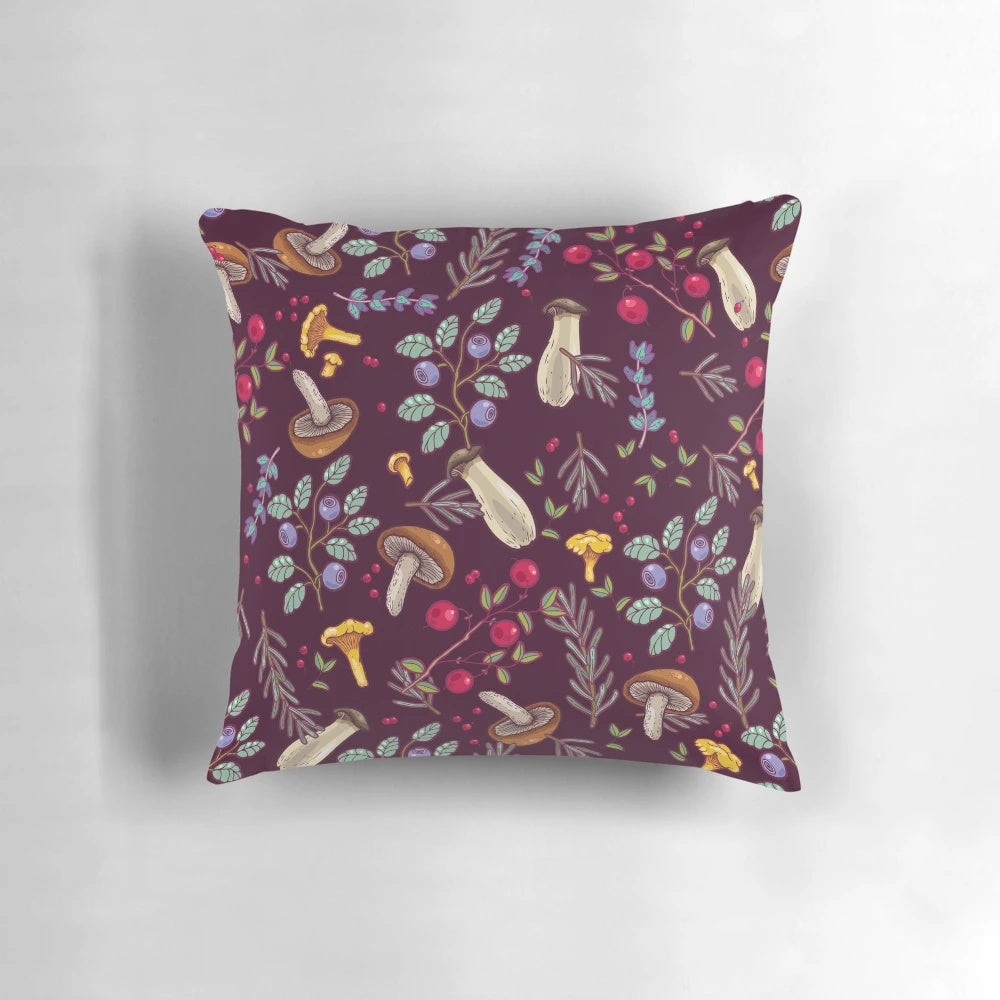 Cozy forest-themed pillow featuring natural botanical details like moss and mushrooms