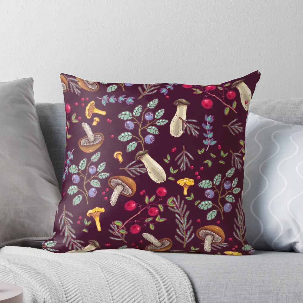 Cozy forest-themed pillow featuring natural botanical details like moss and mushrooms