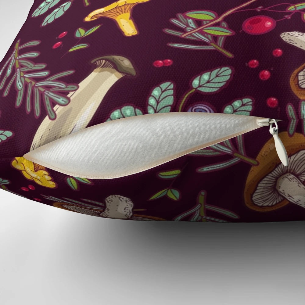 Cozy forest-themed pillow featuring natural botanical details like moss and mushrooms