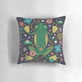 Colorful botanical frog-themed decorative throw pillow with leaves, flowers, and lily pads