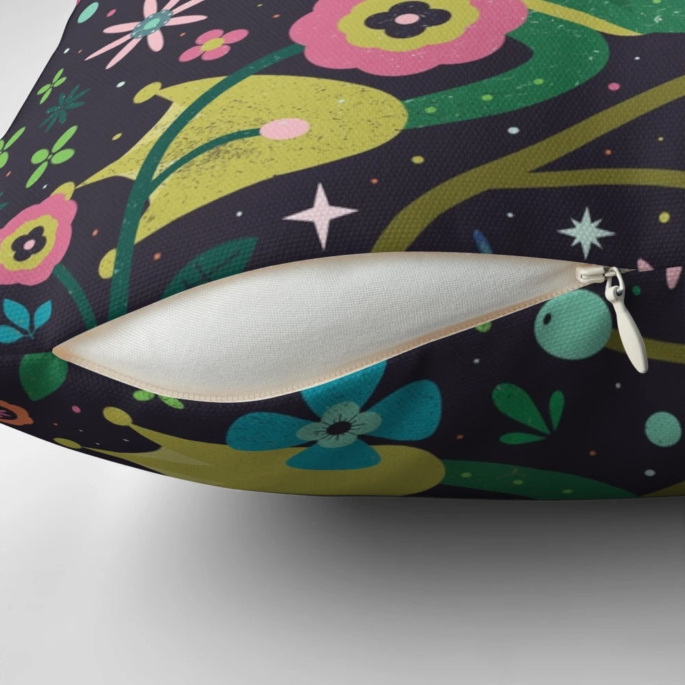 Colorful botanical frog-themed decorative throw pillow with leaves, flowers, and lily pads