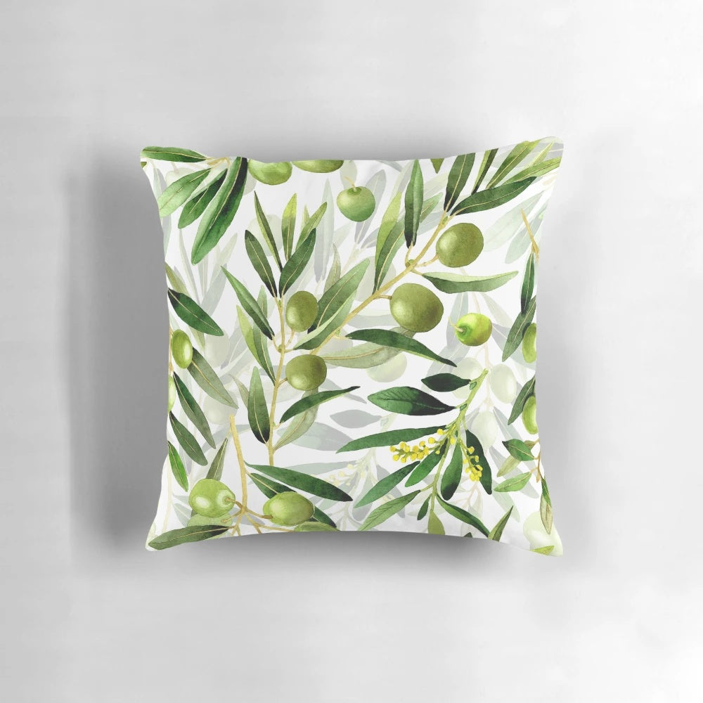 Botanical Garden Olives Decorative Throw Pillow with Floral Pattern and Leaves