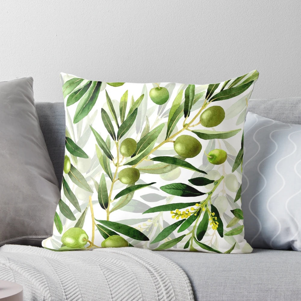 Botanical Garden Olives Decorative Throw Pillow with Floral Pattern and Leaves