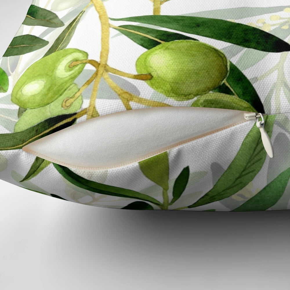 Botanical Garden Olives Decorative Throw Pillow with Floral Pattern and Leaves