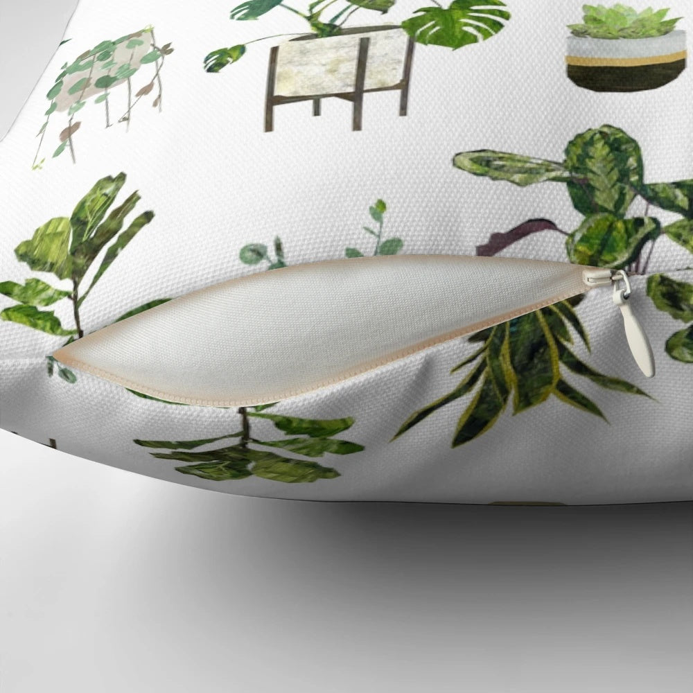 Decorative pillow featuring a botanical pattern of houseplants, succulents, and monstera leaves.