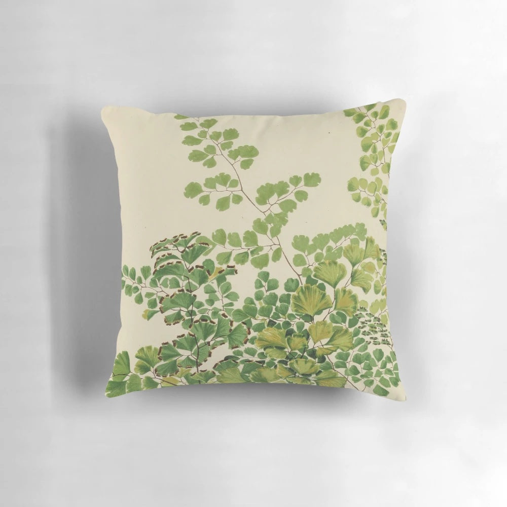 Maidenhair fern print throw pillow with botanical, vintage-inspired design