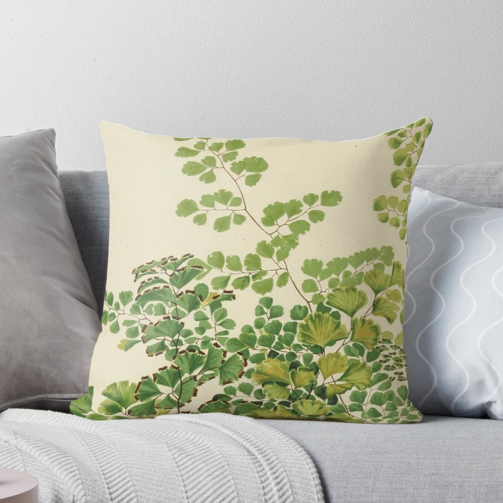 Maidenhair fern print throw pillow with botanical, vintage-inspired design