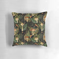 Vintage-inspired pillow featuring a botanical pattern with dark mushrooms and plants in a midnight forest scene