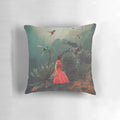 Vintage collage-style pillow featuring a botanical, moody nature scene with a woman, birds, and rain.