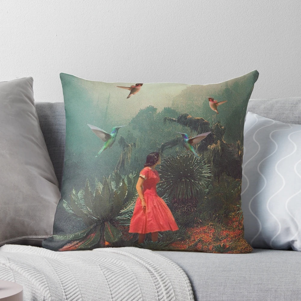 Vintage collage-style pillow featuring a botanical, moody nature scene with a woman, birds, and rain.