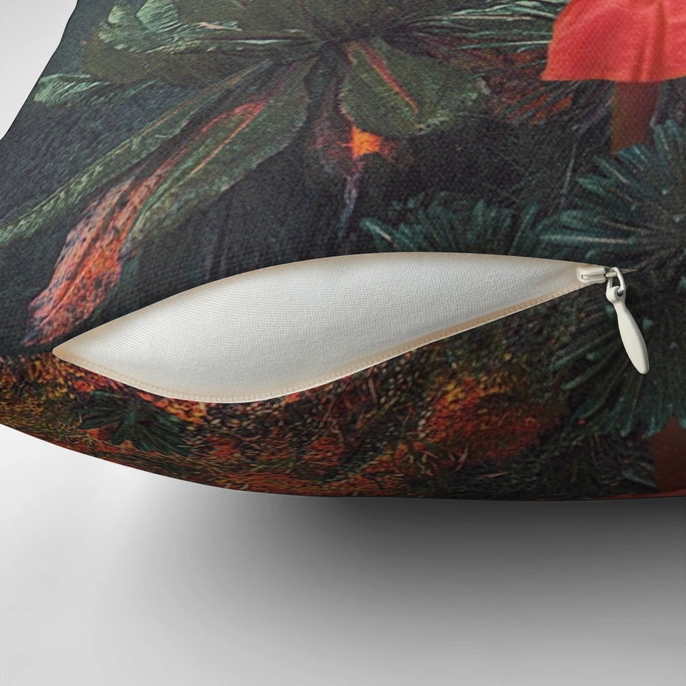 Vintage collage-style pillow featuring a botanical, moody nature scene with a woman, birds, and rain.