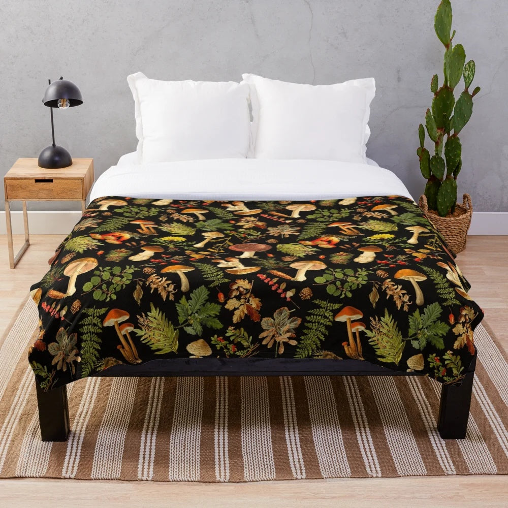 Botanical mushroom pattern plush blanket with fall and thanksgiving vibes