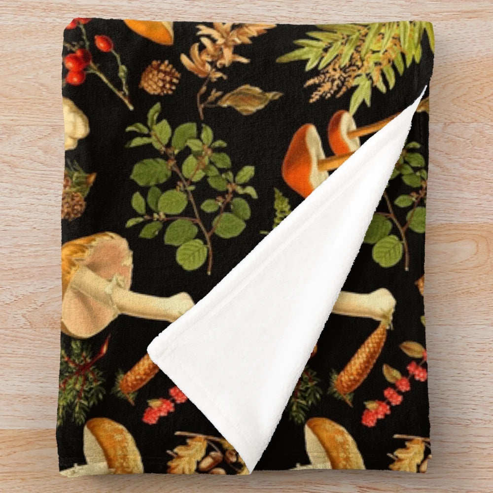 Botanical mushroom pattern plush blanket with fall and thanksgiving vibes
