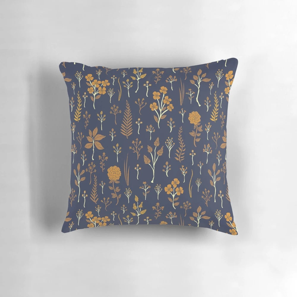 Navy blue and mustard yellow floral pattern decorative throw pillow