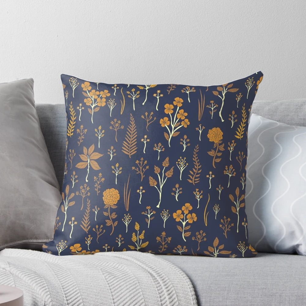 Navy blue and mustard yellow floral pattern decorative throw pillow