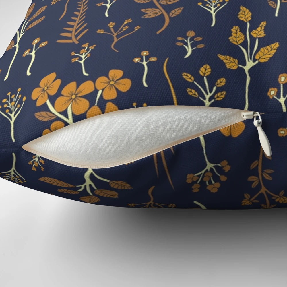 Navy blue and mustard yellow floral pattern decorative throw pillow