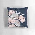 Navy blue and pink floral throw pillow featuring a botanical, abstract nature design
