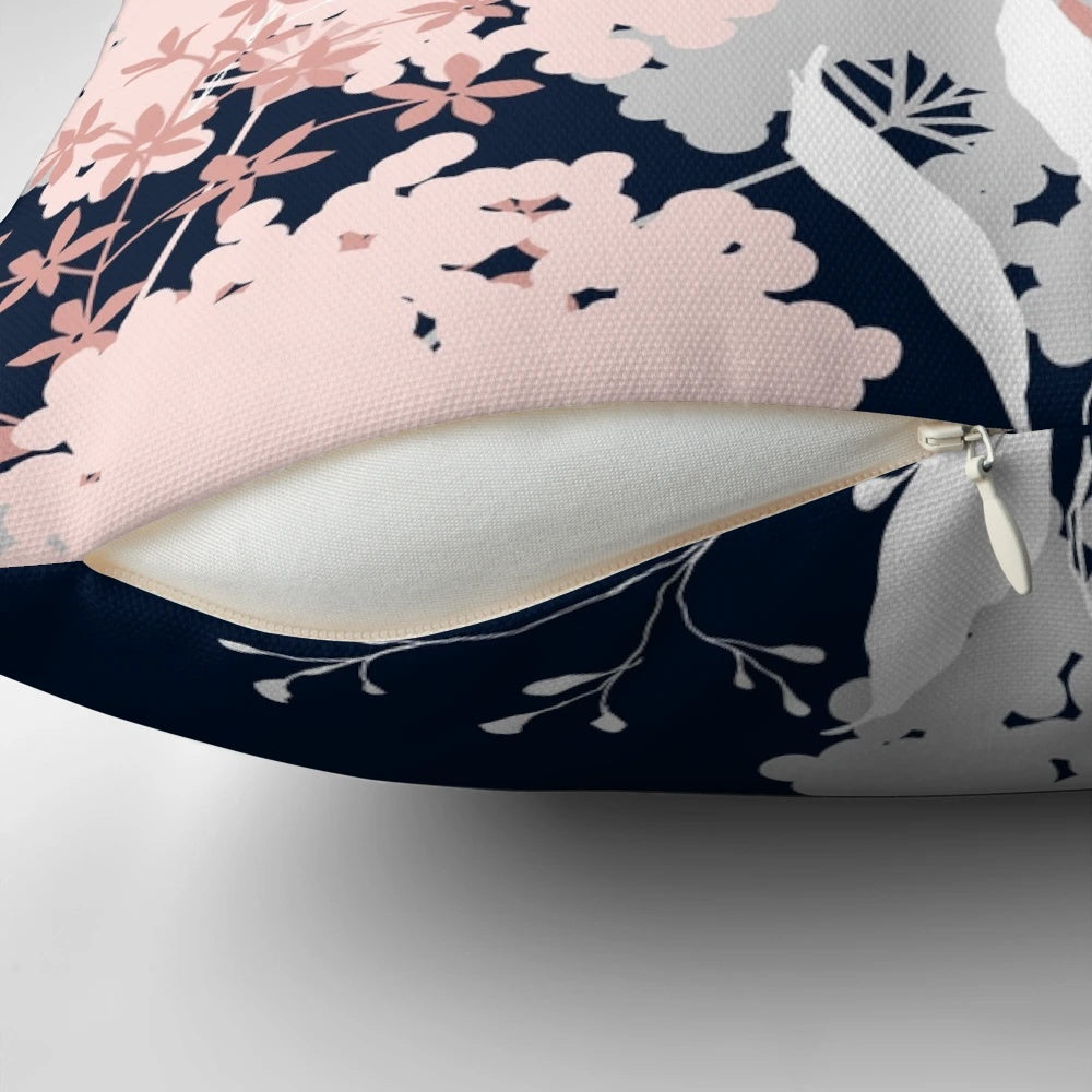 Navy blue and pink floral throw pillow featuring a botanical, abstract nature design