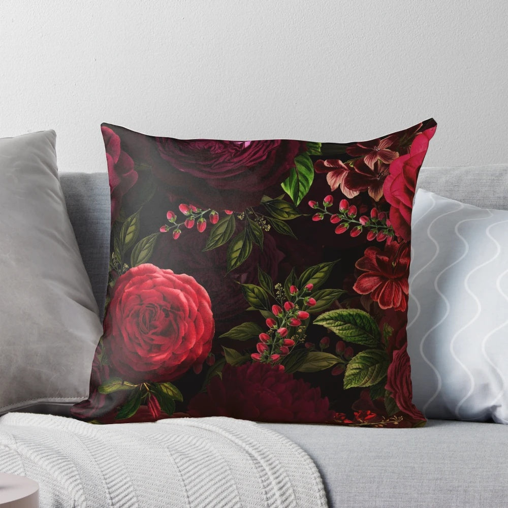 Botanical night garden pillow with mystical floral pattern