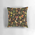 Vintage botanical illustration of mushrooms and flowers in a night garden setting, featuring a vibrant, psychedelic pattern.