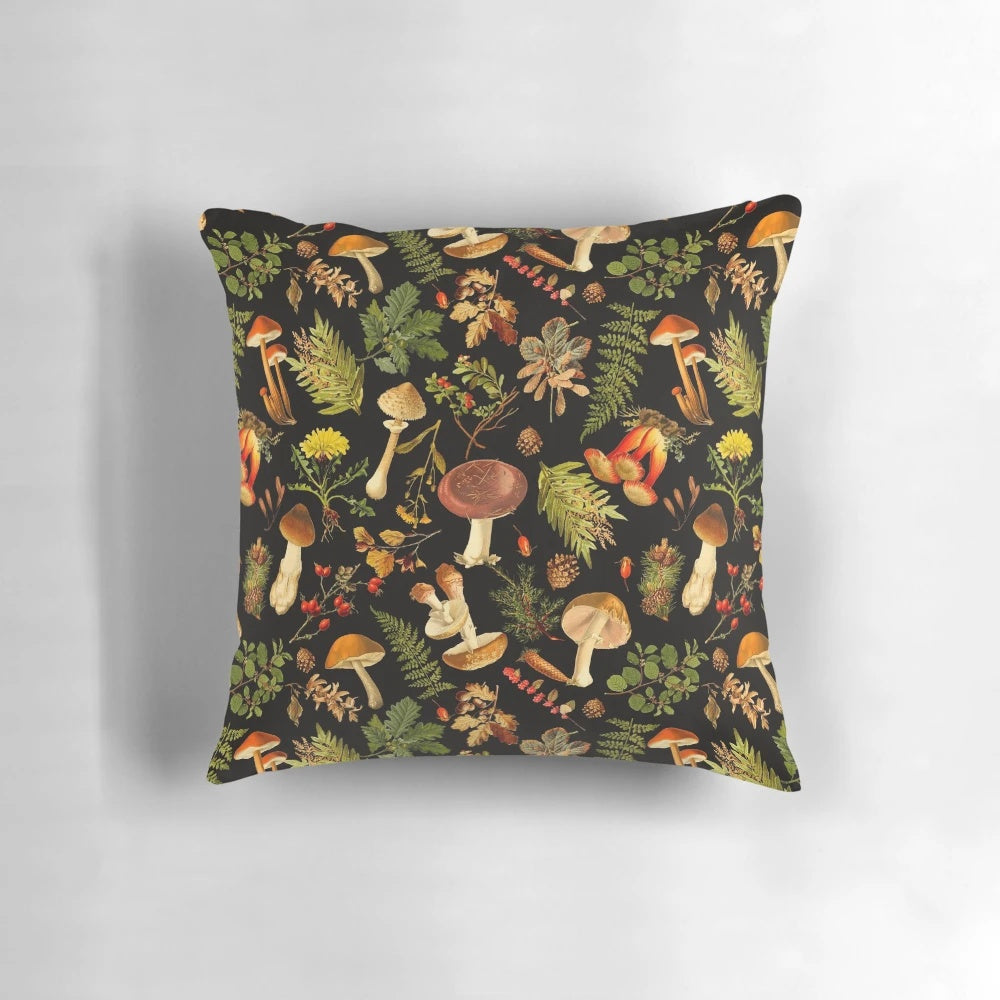 Vintage botanical illustration of mushrooms and flowers in a night garden setting, featuring a vibrant, psychedelic pattern.