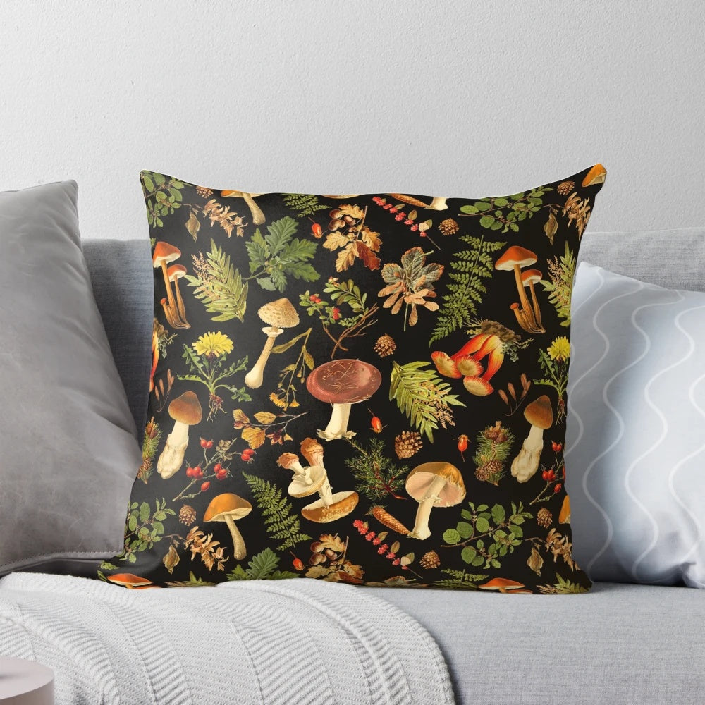 Vintage botanical illustration of mushrooms and flowers in a night garden setting, featuring a vibrant, psychedelic pattern.
