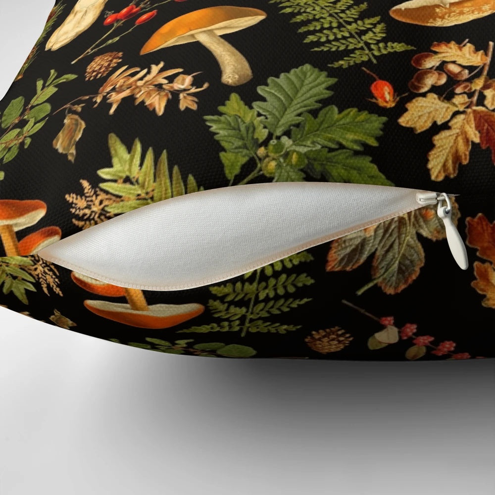 Vintage botanical illustration of mushrooms and flowers in a night garden setting, featuring a vibrant, psychedelic pattern.