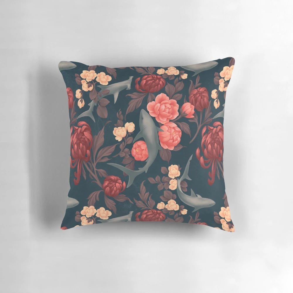 Botanical shark-themed pillow with red, blue, and turquoise floral accents.