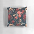 Botanical shark-themed pillow with red, blue, and turquoise floral accents.
