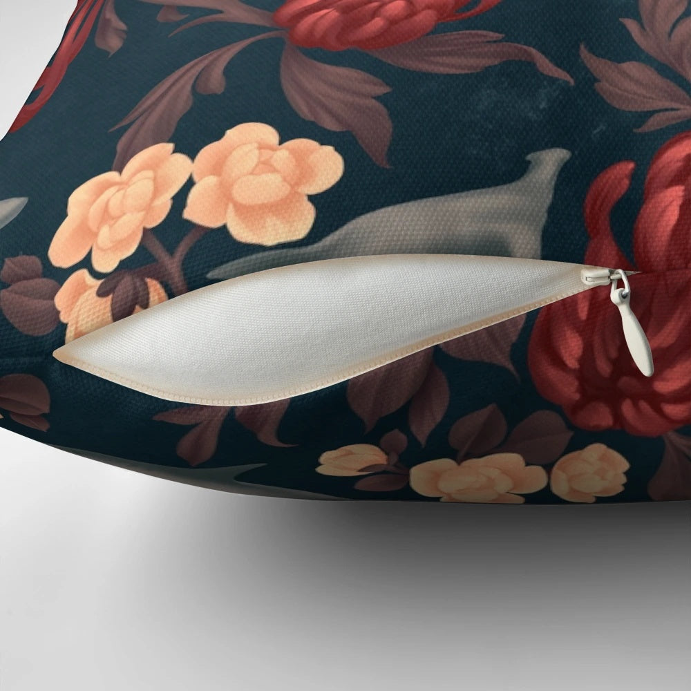 Botanical shark-themed pillow with red, blue, and turquoise floral accents.