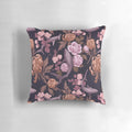 Botanical sharks and floral patterns in soft pink and rose gold colors on a decorative throw pillow.
