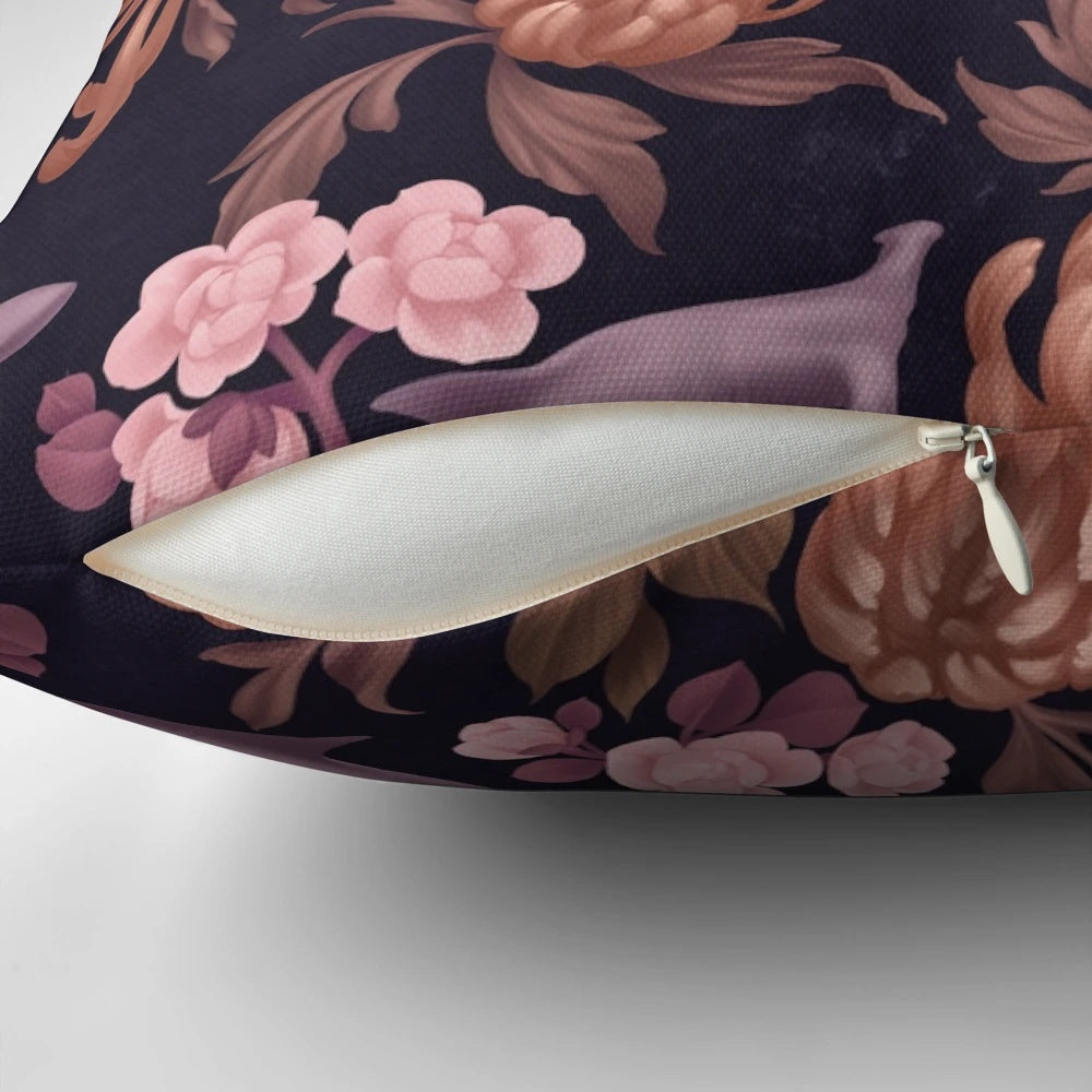 Botanical sharks and floral patterns in soft pink and rose gold colors on a decorative throw pillow.