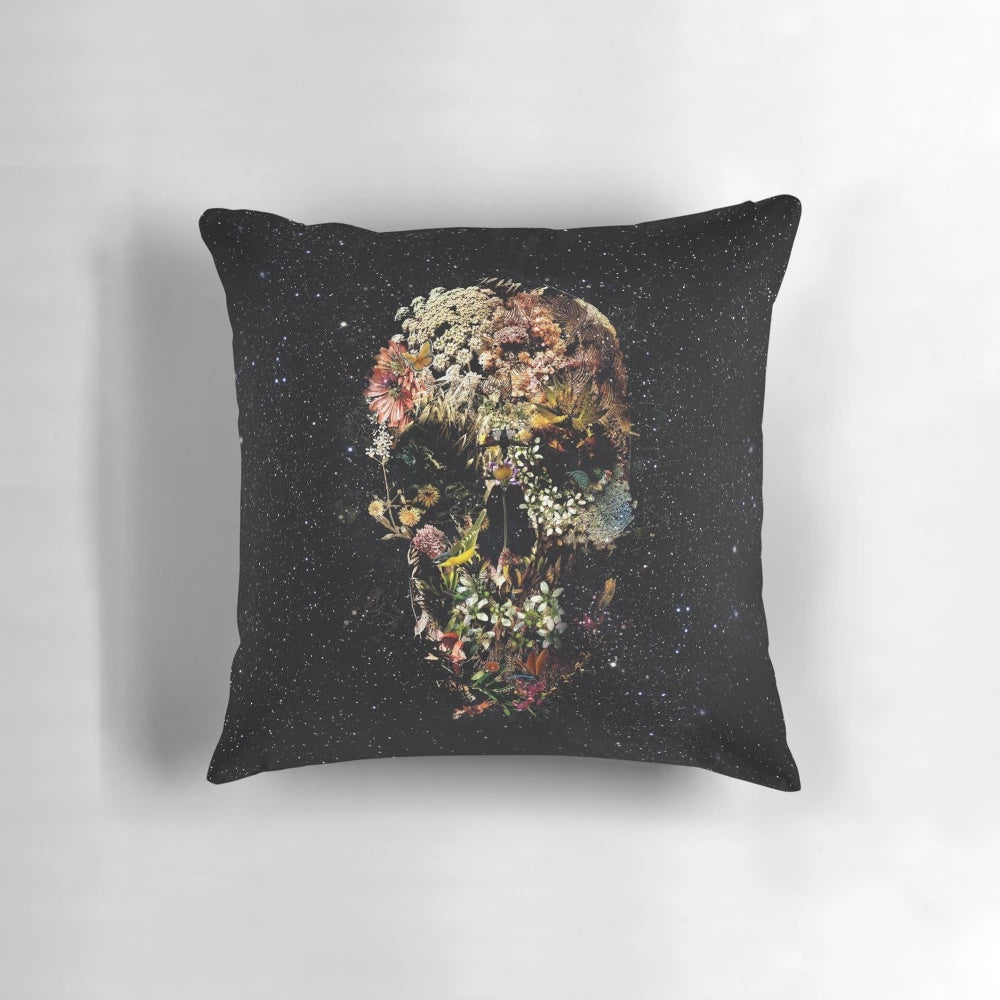 Decorative botanical skull-patterned throw pillow with floral and nature-inspired design