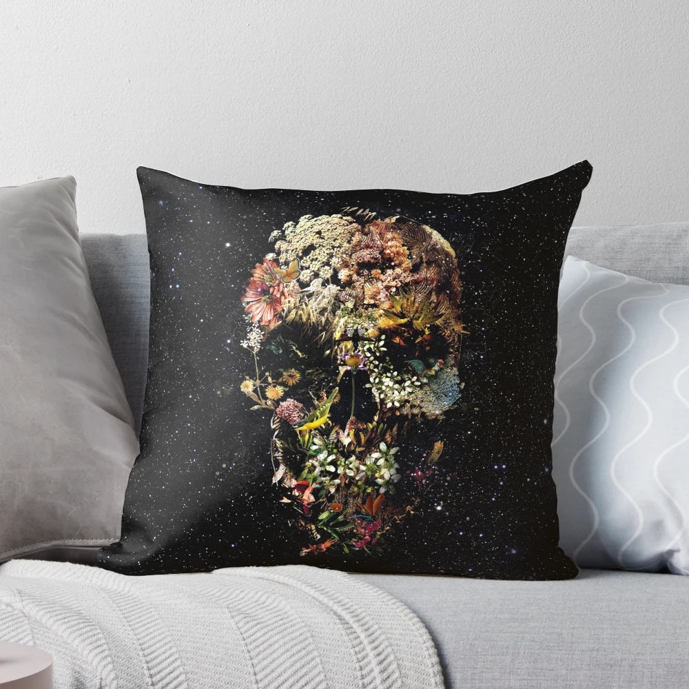 Decorative botanical skull-patterned throw pillow with floral and nature-inspired design