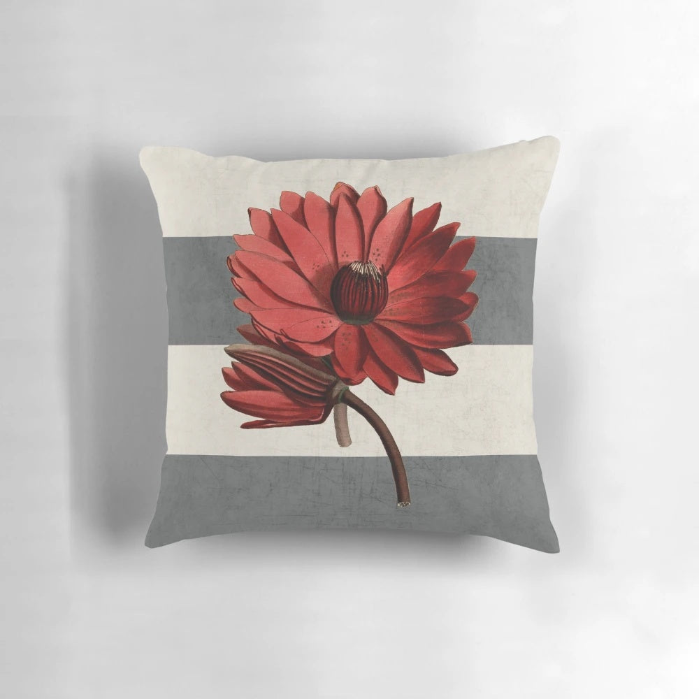 Vintage botanical paper collage pillow with red water lily and striped pattern