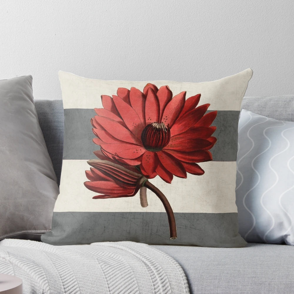 Vintage botanical paper collage pillow with red water lily and striped pattern